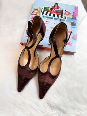 Authentic CHANEL Burgundy Suede and Leather T-Strap Pointed Pumps